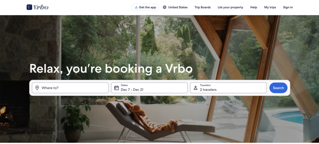 Vrbo homepage showing property search options, one of the best rental property listing sites for vacation rentals.