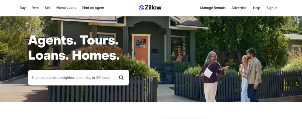 Zillow homepage showcasing its features for home rentals, among the best rental property listing sites for long-term leases.